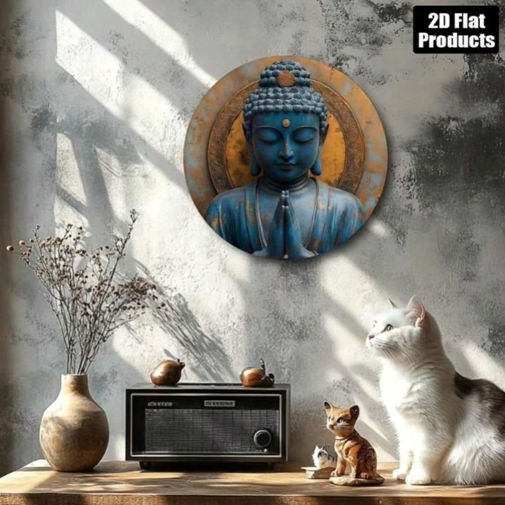 Metal Poster Wall Art Buddha Hand Blue 2D Aluminum Circle 8x8 Home Decor Bar Kitchen Meditation