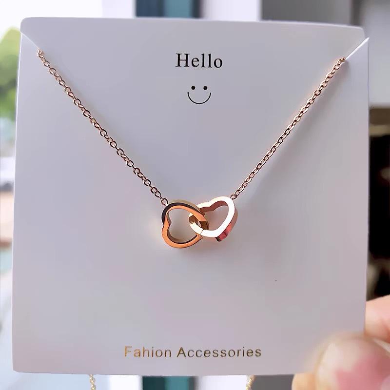 18k Gold-Plated Titanium Heart Double Ring Necklace - Minimalist & Versatile Design for Women
