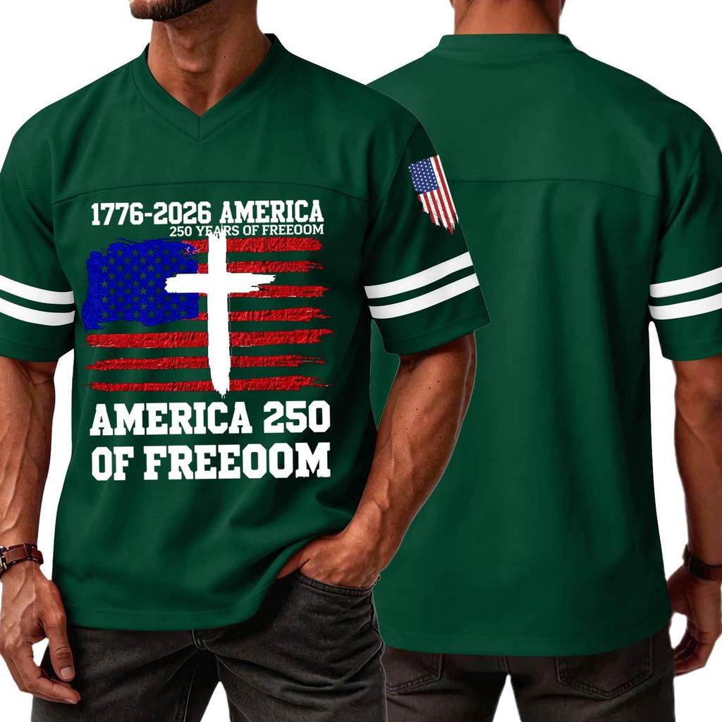 Men's V Neck Short Sleeve Sports T Shirt Casual Athletic Jersey with Independence Day Patriotic Print America 250 Freedom Graphic Tee