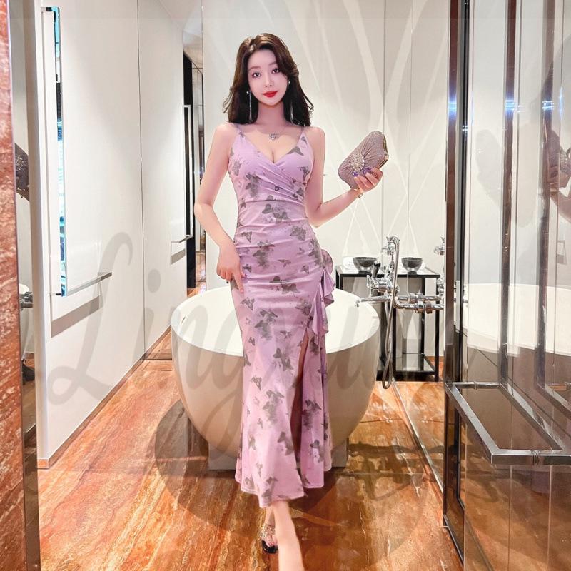 Elegant Sexy V-Neck Printed Spaghetti Strap Slimming Gown Small розовый