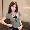 Sweet Spice Girl Fake Two Pieces Lace Neck Short Sleeve T-Shirt Women's Summer Pure Desire Square Neck Short Top Chic and Beautiful