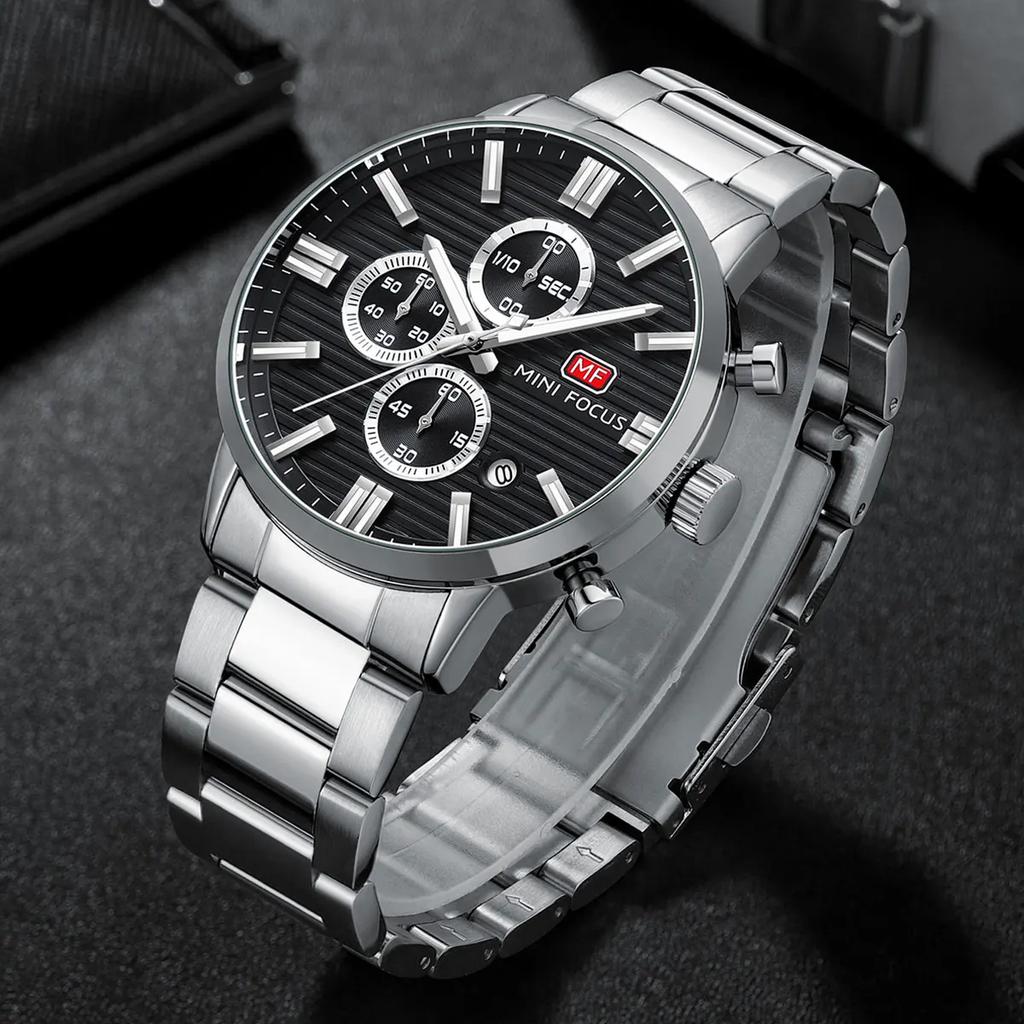 Luxury Men Quartz Watch Chronograph 24H Display Calendar Date Luminous Pointer Stainless Steel Strap Wristwatch