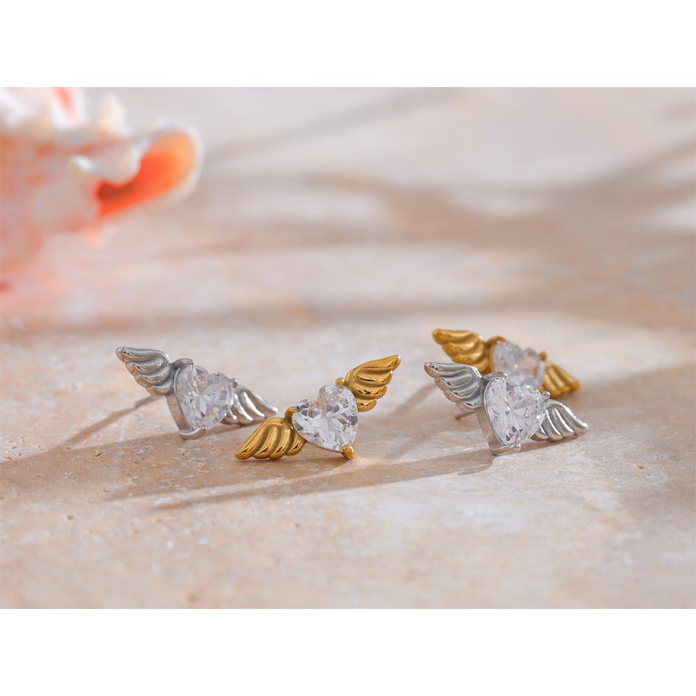 Yhpup Fashion Stainless Steel Shiny Cubic Zirconia Wing Stud Earrings for Women Prevent Allergy Chic Daily Jewelry Gift