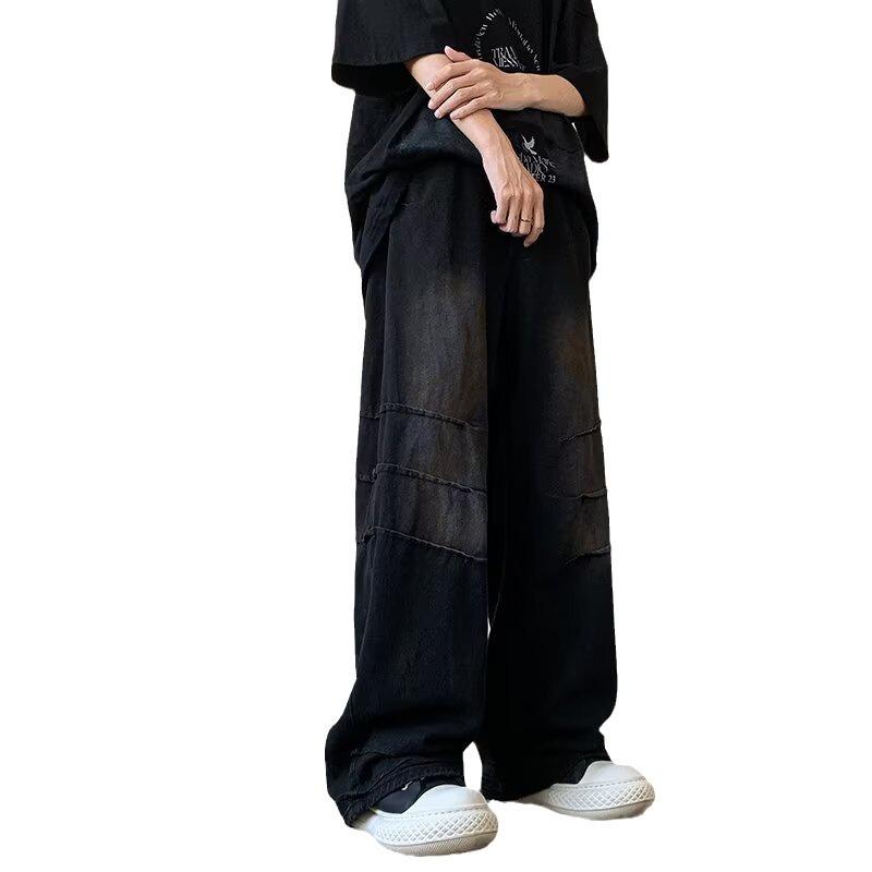 Men's Loose Fit Black Wide-Leg Jeans, Trendy Pleated Flared Casual Pants
