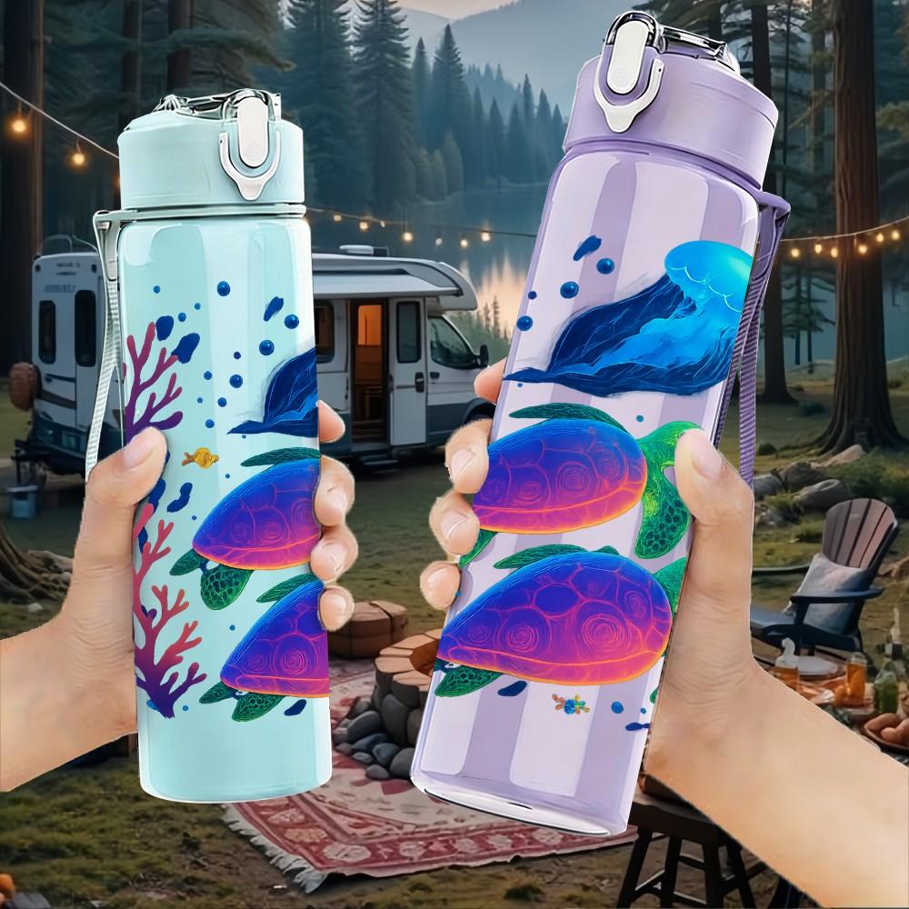 1PC Vibrant Tropical Fish Ocean Print 750ml Color Plastic Sports Water Bottle Leakproof Flip Straw Lid Suitable for Sports Office Home Use