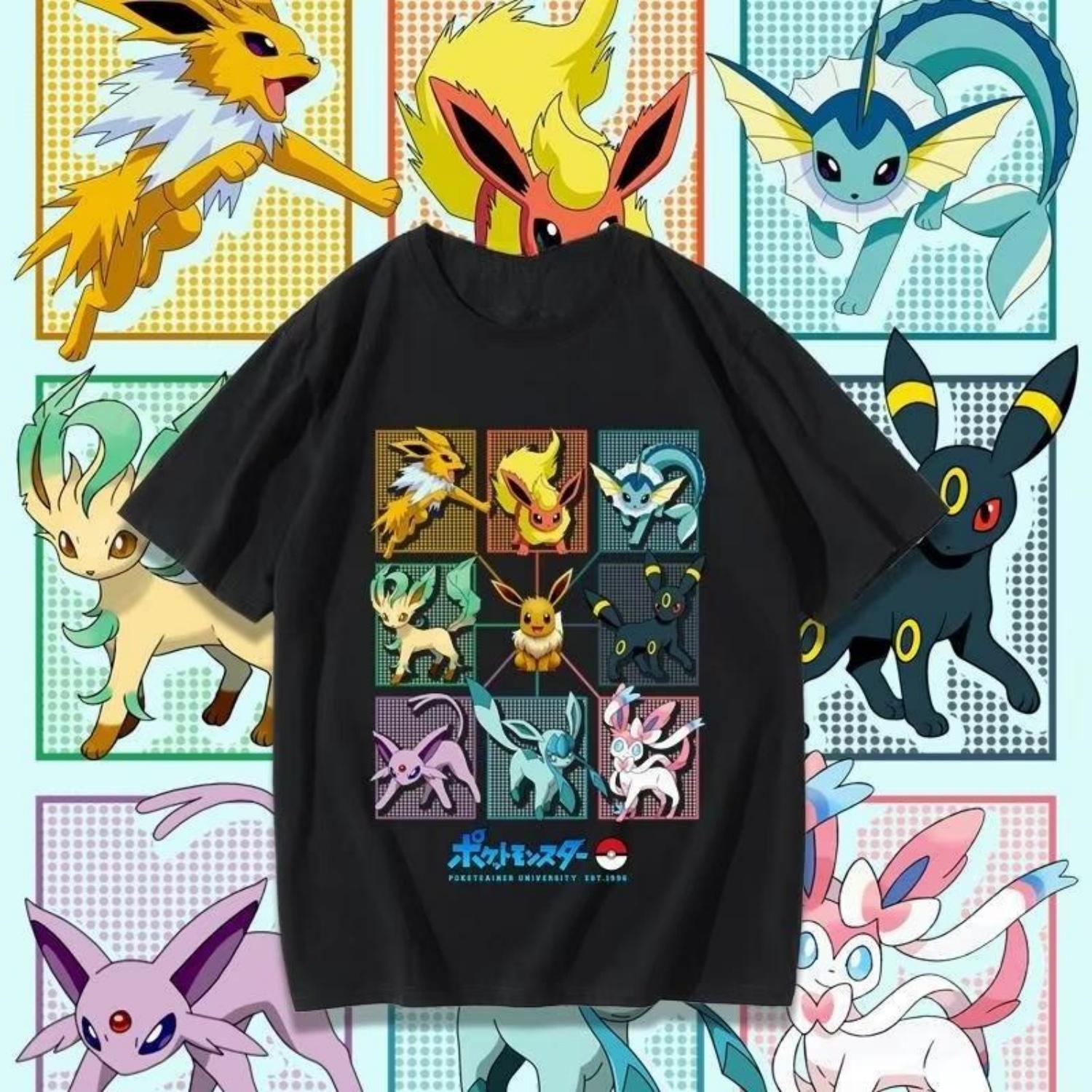 

Мультяшная футболка Pokémon Eevee с вишневым цветом, летняя новинка, мужская и женская, Y2K, свободная, модная, повседневная, харадзюку, топ с коротким рукавом S