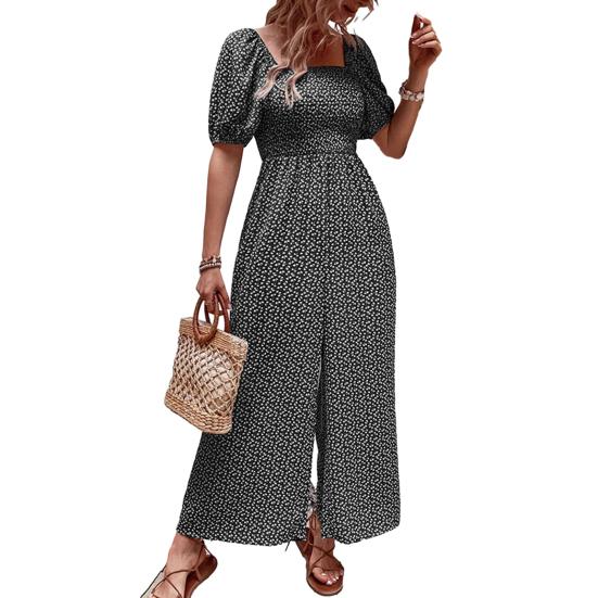 Women's Square Neck Jumpsuit Floral Puff Short Sleeve Wide Leg Pants Romper Summer Casual