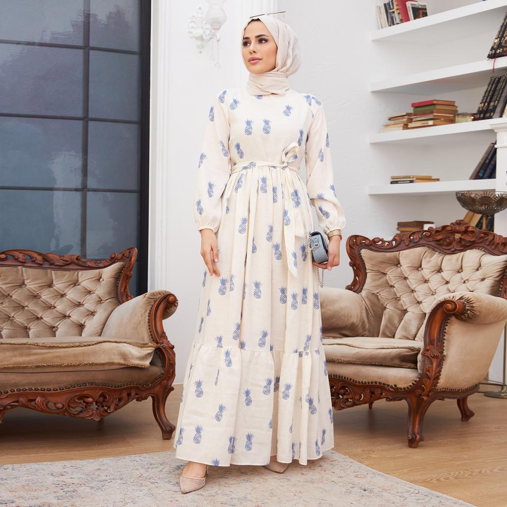 Ananas Wzorzyste Kobiety Sukienka Opasana Połowa Podszyta Zapinana Na Zamek Islamski Muzułmański Nowy Sezon Letni Model Tkanina Lniana Made in Turcji
