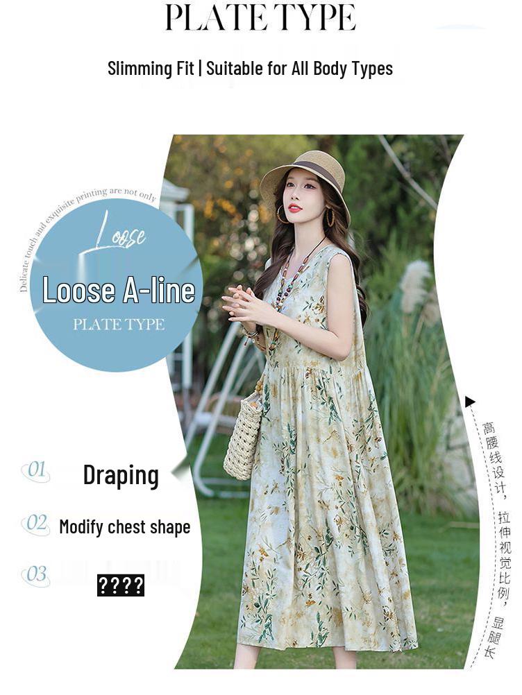 Elegant Plus Size Floral Cotton-Silk Sleeveless Summer Dress