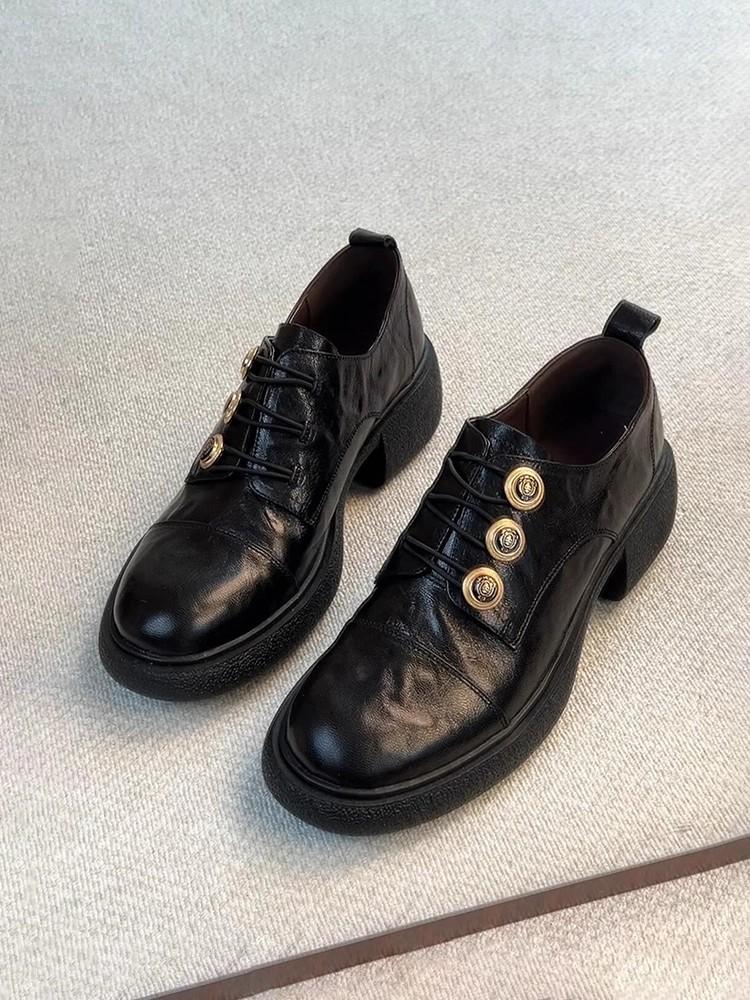Sheepskin Version~ Leather Platform Button Black Round Head Versatile Small Leather Shoes Women's British Style Retro Loafers Single Shoes