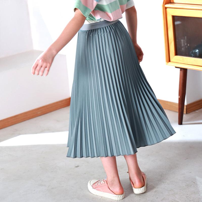 Girl's Solid Color Temperament Pleated Half-body Skirt Middle and Older Children In The Long Large Swing Skirt