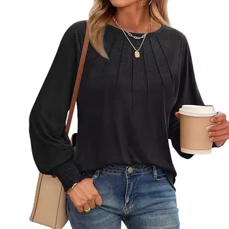 Autumn and Winter Women's Blouse Round Neck Pleated Long Sleeve Casual Tops