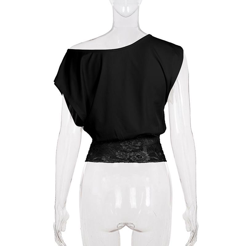 European Elegant Off-Shoulder Lace Patchwork Cropped Top - Slim-Fit Women's Style, Short-Sleeved.