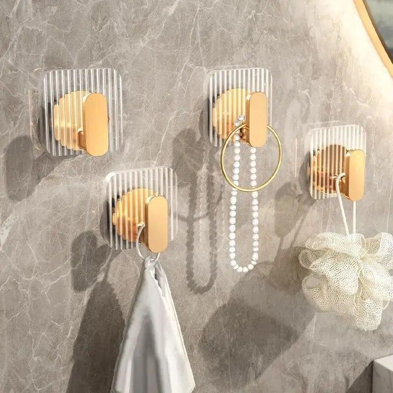 2Pcs/set Acrylic Bathroom Hook Clear Gold Wall Hook Key Bag Holders Punch-free Home Organization Storage Bathroom Organizer