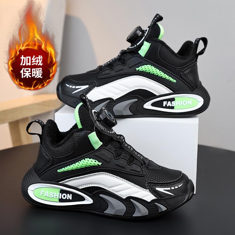 Fleece warm swivel buckle children's sports shoes, medium and large children's basketball shoes, boys' cotton shoes
