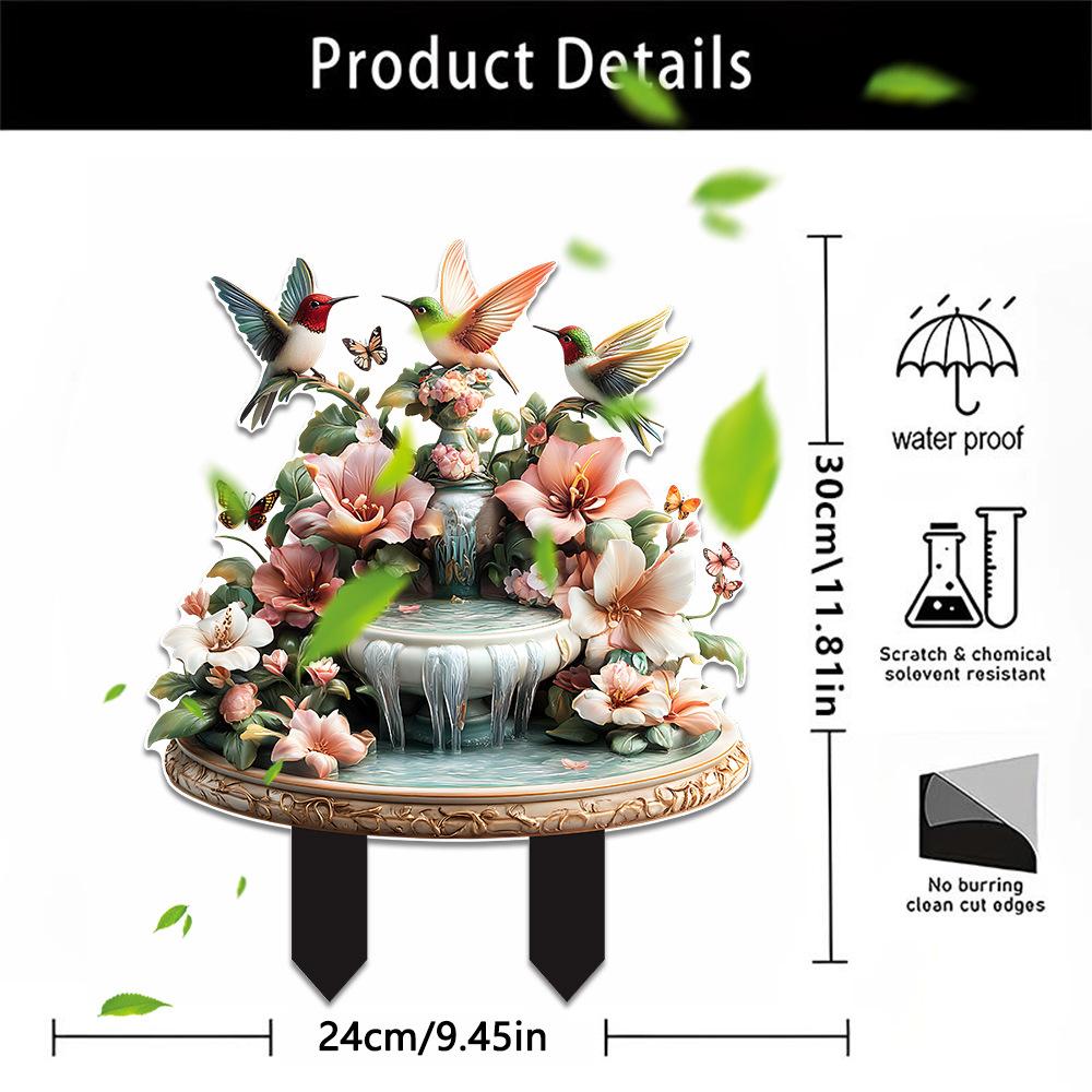 

Фонтан с текущей водой, Цветы, Три колибри, Ландшафтный дизайн сада на открытом воздухе, Посадка в грунт, 2D, Акриловое украшение ground plug