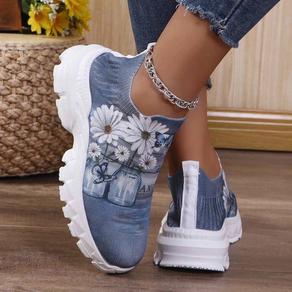 Fashion Letters Floral Print Platform Sneakers for Women Fashion Knitting Casual Sports Shoes Woman Non Slip Breathable Running Shoes