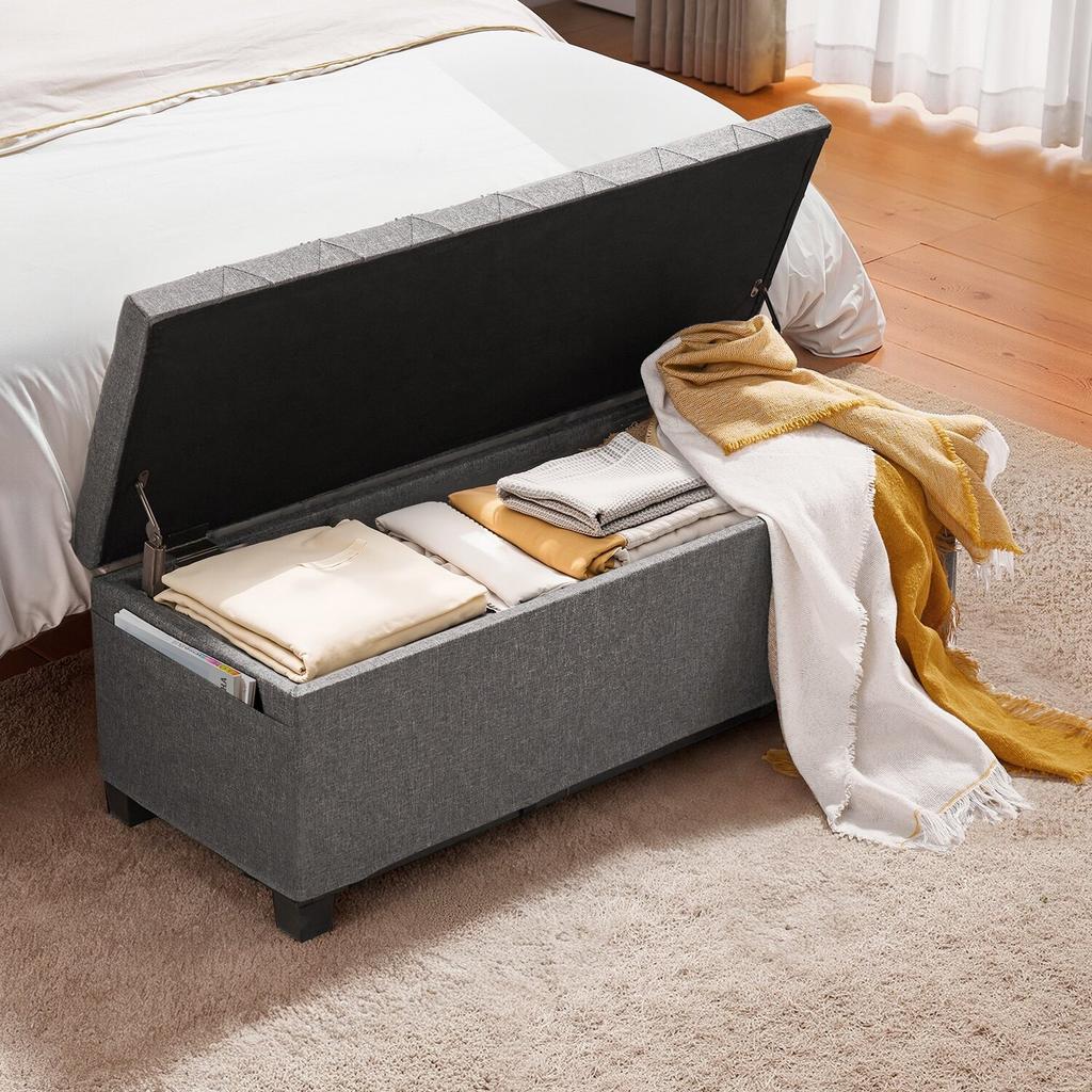 Storage Ottoman Bench, Button-Tufted End of Bed Bench with Side Bags, Flip-up Upholstered Storage Chest with Metal Frame, Linen Bed Ottoman for Living