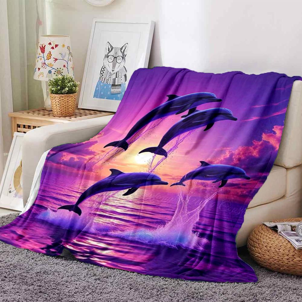 Jumping Dolphins Purple Sunset Ocean Seascape Print Flannel Blanket Marine Wildlife Throw Blanket Soft Cozy Home Sofa Bed Decor