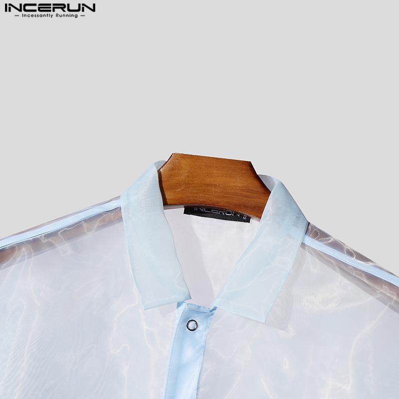 INCERUN Men Summer Short Sleeve Mesh Sheer Glitter Print Beach Through T-shirts