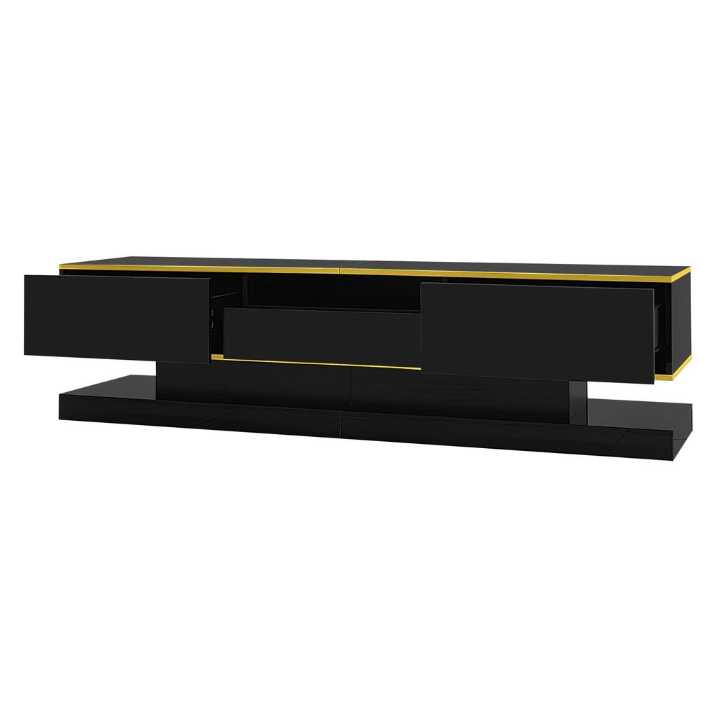 TV Cabinet, with 3 Drawers and Open Compartment, with LED Lighting and Golden Accents, Modern Lowboard with Plenty of Storage Space