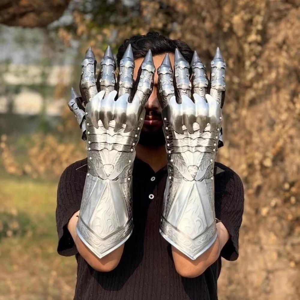 Medieval Silver Nazgul Gauntlets Unisex Steel Armor Gloves Crusader Costume