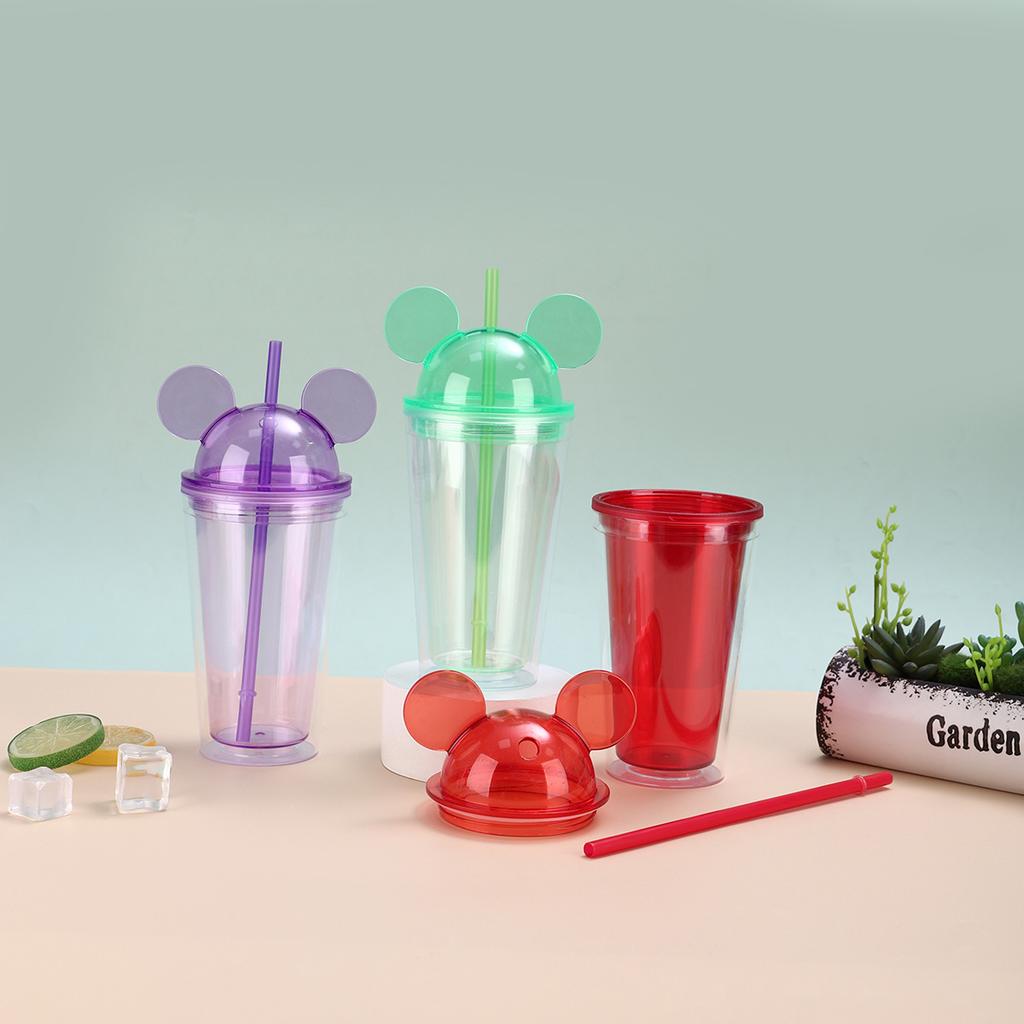 Water Bottle Mickey Mouse Cover Cute Straw Cup Portable Leak-proof Double-layer Plastic Cup Outdoor Gift Cup LOGO