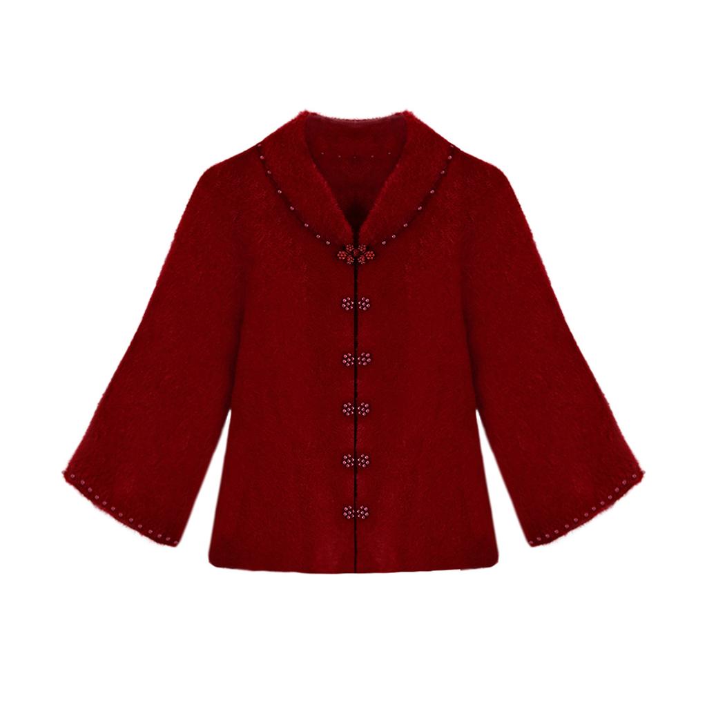 Ladies' Fashionable High-end Sleeved Cardigan Solid Color Knitted Jacket