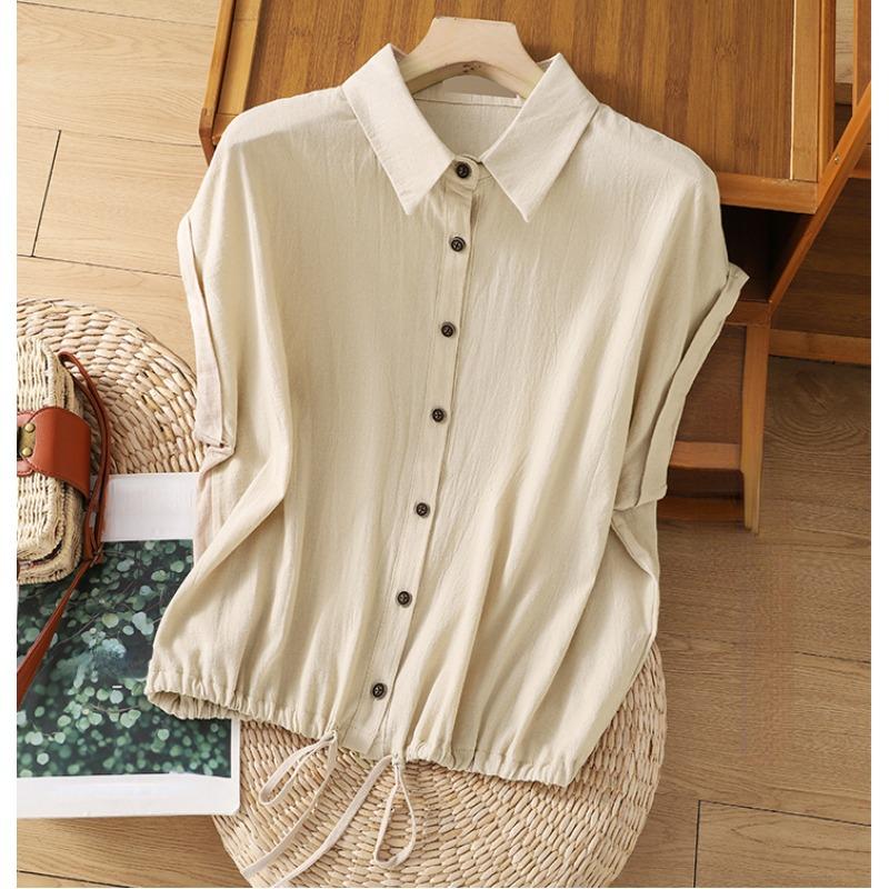 

DIMANAF 2025 Женская футболка больших размеров, винтажная, эластичная, свободная, тонкая, с коротким рукавом, хлопковая, однотонная, женская, топы, футболки, пуговицы A XL бежевый