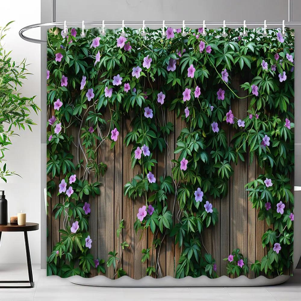 Rustic Rustic Wooden Panel Garden Wall Shower Curtain Green Plant Leaf Enclosure Fence Polyester Shower Curtains Bathroom Decor