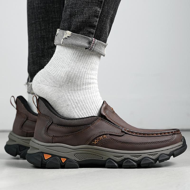 Men's Waterproof Slip On Faux Leather Hiking Shoes for Male Outdoor Non-Slip Walking Sneakers Casual Loafers Work Shoes Comfortable Short Boots