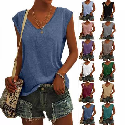 Summer Women's Solid Color V-neck Cover Short Sleeve V-Neck T-Shirt Casual Cap Sleeve Vest Loose Blouse Fit Tank Tops