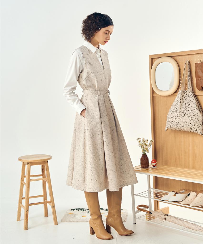 Pelimela Twill Two-Piece Long Dress Belt Set (Beige)