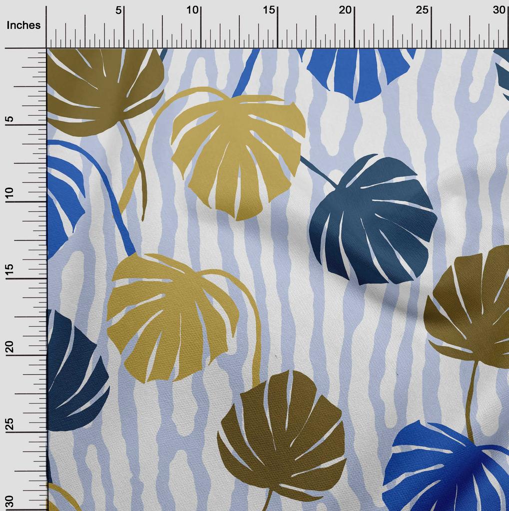 oneOone Bumbac Elastic Albastru Prăfuit Material Tropical Frunză de Palmier Cu Linii Groase Întrerupte Material Rochie Material Imprimat La Metru 40 Inch