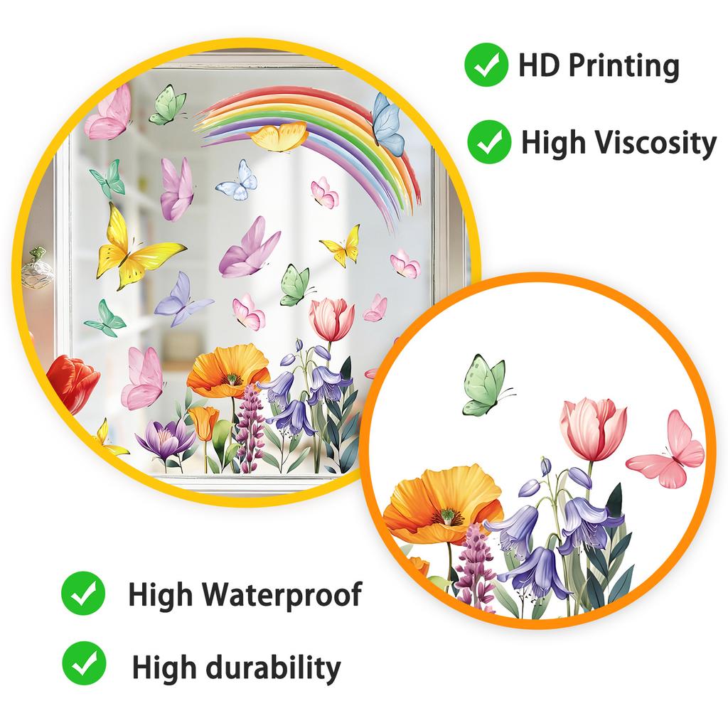 Static Cling Window Stickers Creative Rainbow Flowers and Butterflies for Kitchen Bedroom Living Room Bathroom Glass Decor