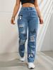 Butterfly Print Ripped Cut Fashion Denim Pants Straight Leg High Waist Contrast Denim Trousers Women