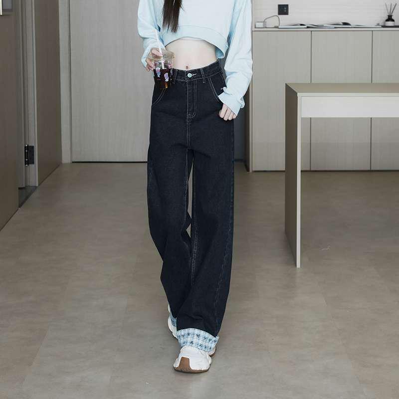 Plus Size Butterfly Plaid Embroidered High Waist Wide Leg Jeans for Women
