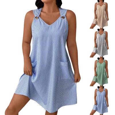 Women's Fashion Casual Skirt With Round Neck Pocket Striped Suspenders