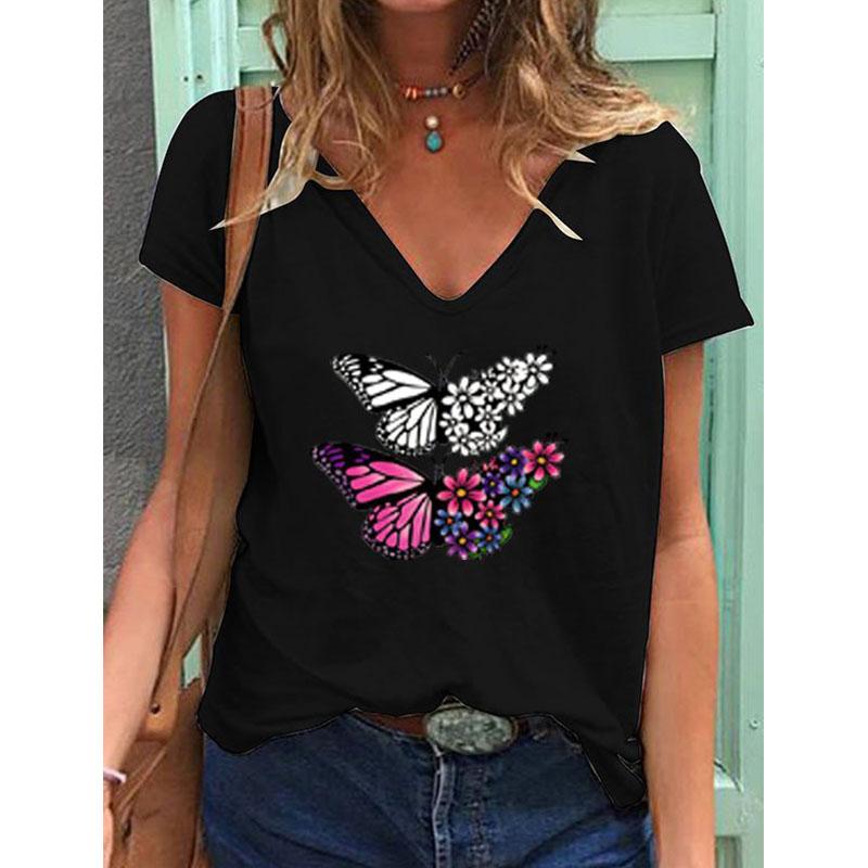 Mode Frühling Retro Schmetterlingsdruck Blusen Kurzärmelige V-Ausschnitt T-Shirts Lässig