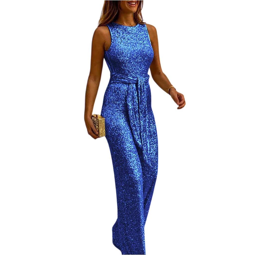 Tuta intera casual da donna senza maniche con paillettes e gamba larga