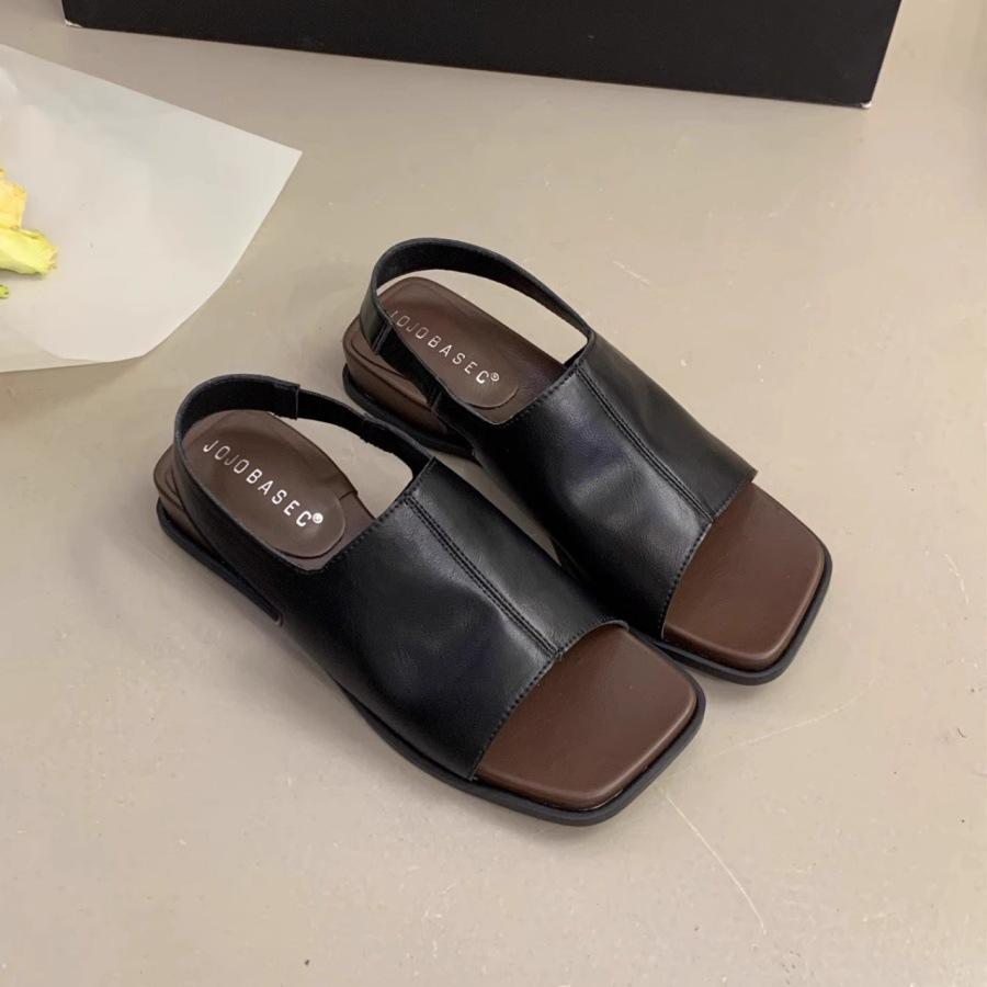 

Square head flat bottom with sandals for women s summer wear 2025 new simple and advanced French retro open-toed sandals 35 чёрный