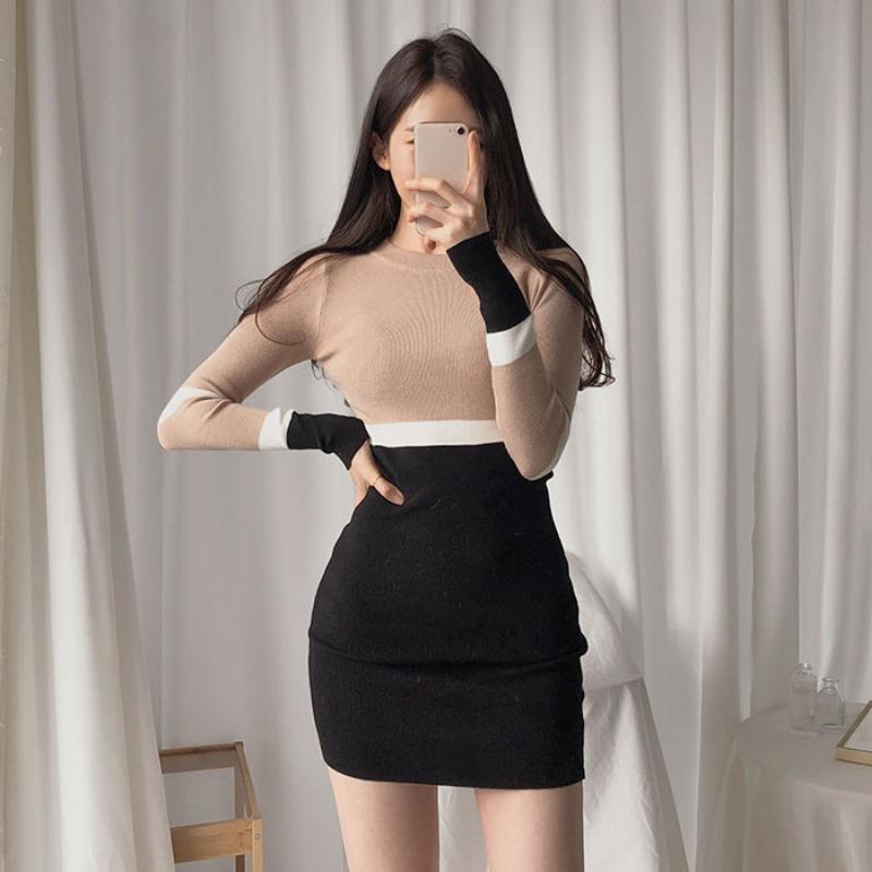 Sweet Round Neck Slim Fit Striped Knitted Sexy Dress Women Autumn and Winter Sweater Dresses for Women Fashion Long Sleeve Casual Ladies Dress 25965