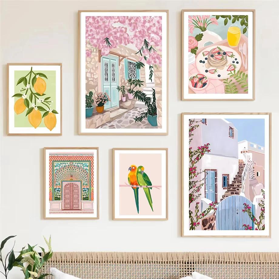 Santorini Lemon Coffee Flowers Abstract Landscape Posters and Prints Wall Art Canvas Painting Pictures For Living Room Home Deco