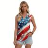 Women Sleeveless Button Front Vest Independence Day Print V Neck Collar Casual Fashion Tank Top