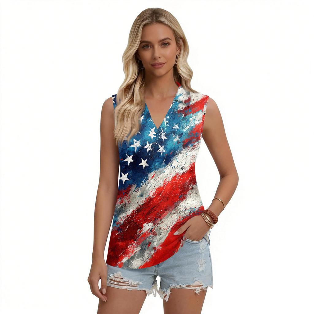 Women Sleeveless Button Front Vest Independence Day Print V Neck Collar Casual Fashion Tank Top
