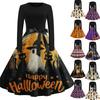 Women's Casual Halloween Print Dress Long Sleeve Round Neck Vintage Style Midi Dress with Waist Tie for Seasonal Festive Wear