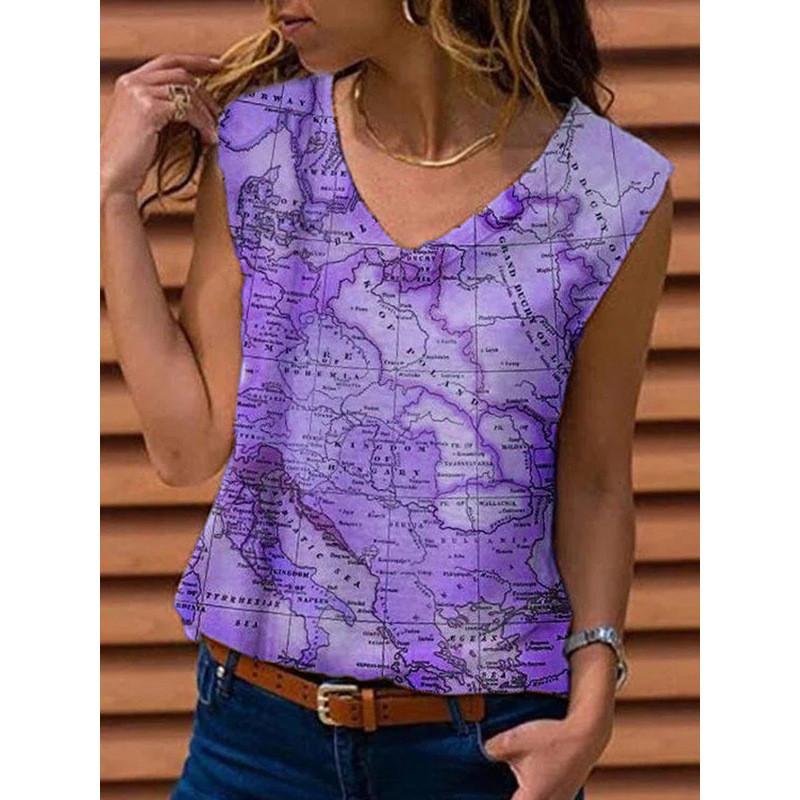 Women Summer Map Printed V Neck Sleeveve Casual T-shirt Top