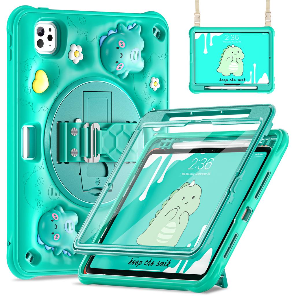 For iPad Pro 11 (2024) Case with Shoulder Strap Cartoon Dinosaur Kickstand PC+Silicone+TPU Cover