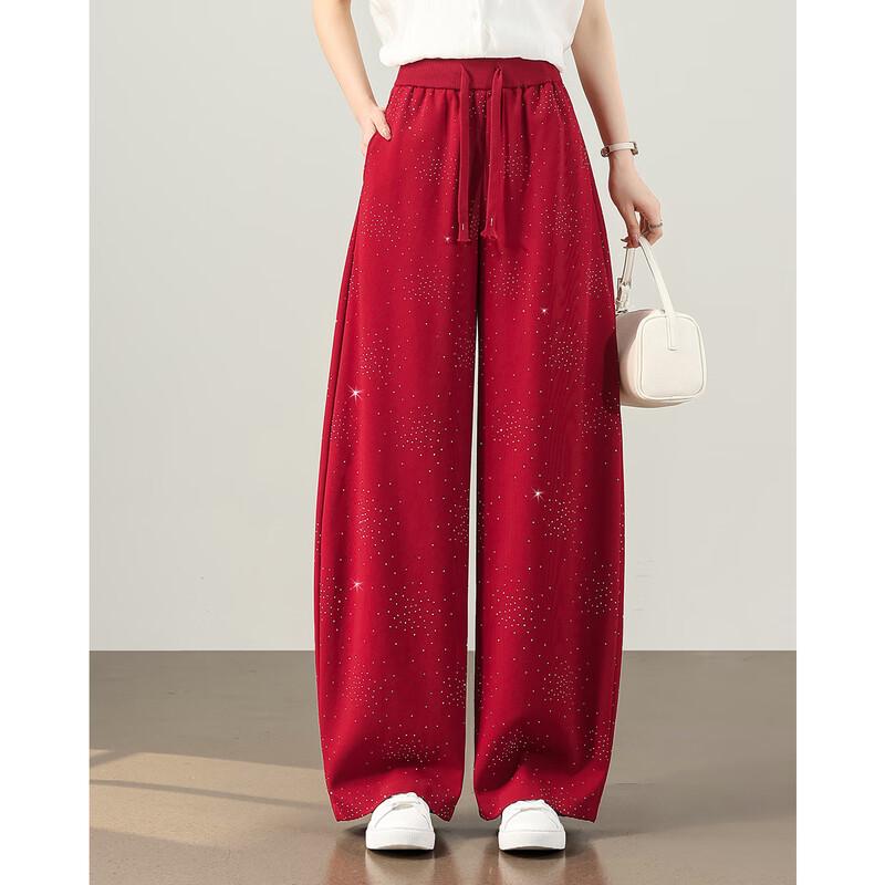 TERRE BLEUE Women's Rhinestone Design Casual Wide-Leg Pants