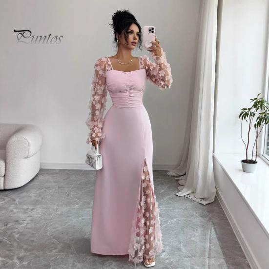 Summer Maxi Dress Flower Lace Sleeve Long for Women, Square Neck Ruffle A-Line Slim Waist Dress, Solid Color Party Soft Women